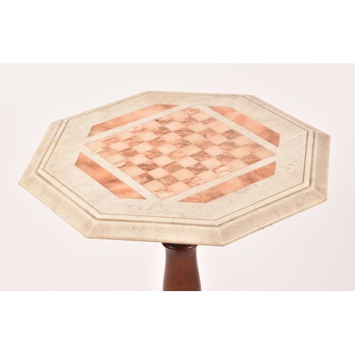 289 - A Victorian marble topped chess table, the octagonal top inlaid with a pink marble chess board, supp... 