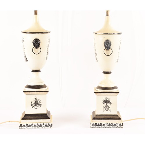 251 - A pair of toleware black and white table lamps, body decorated with maps with Corse and Nievre  Iser... 