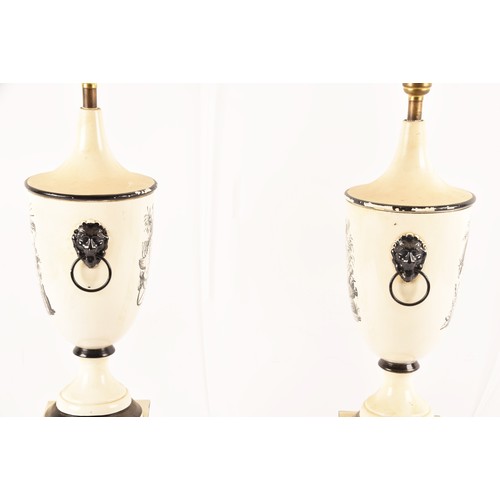 251 - A pair of toleware black and white table lamps, body decorated with maps with Corse and Nievre  Iser... 