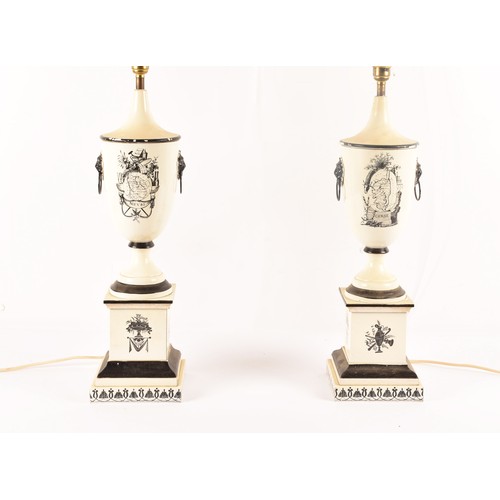 251 - A pair of toleware black and white table lamps, body decorated with maps with Corse and Nievre  Iser... 