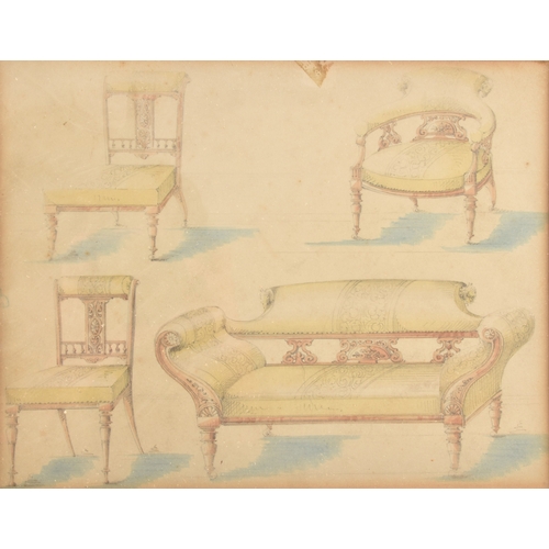 160 - A set of 19th century furniture designs from the Hilliard furniture company, pencil and wash on pape... 