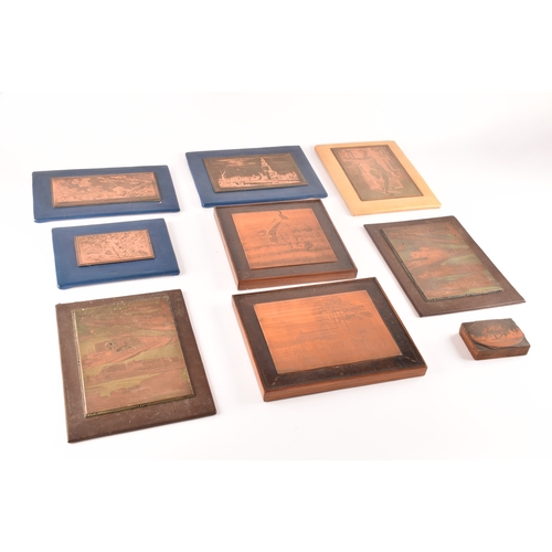 203 - A collection of nine copper printing plates, depicting various subject matters such as classical ima... 