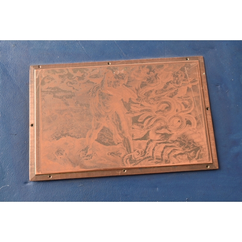 203 - A collection of nine copper printing plates, depicting various subject matters such as classical ima... 