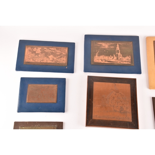 203 - A collection of nine copper printing plates, depicting various subject matters such as classical ima... 