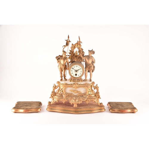 276 - A late 19th century French mantle clock, in a spelter case with ornate decoration, alabaster panels,... 