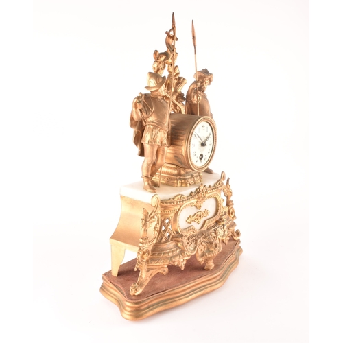 276 - A late 19th century French mantle clock, in a spelter case with ornate decoration, alabaster panels,... 