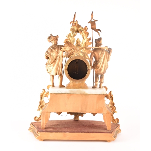 276 - A late 19th century French mantle clock, in a spelter case with ornate decoration, alabaster panels,... 