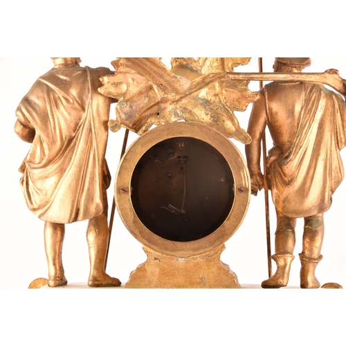 276 - A late 19th century French mantle clock, in a spelter case with ornate decoration, alabaster panels,... 