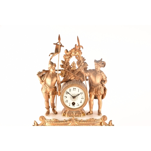 276 - A late 19th century French mantle clock, in a spelter case with ornate decoration, alabaster panels,... 