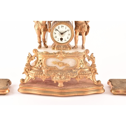 276 - A late 19th century French mantle clock, in a spelter case with ornate decoration, alabaster panels,... 