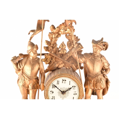 276 - A late 19th century French mantle clock, in a spelter case with ornate decoration, alabaster panels,... 