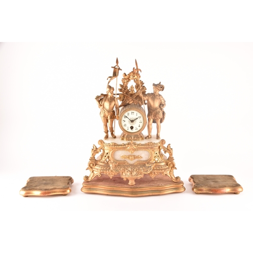 276 - A late 19th century French mantle clock, in a spelter case with ornate decoration, alabaster panels,... 