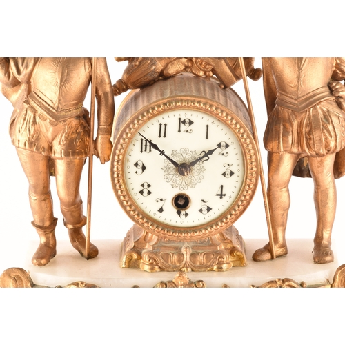 276 - A late 19th century French mantle clock, in a spelter case with ornate decoration, alabaster panels,... 