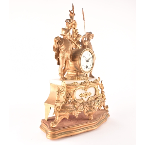 276 - A late 19th century French mantle clock, in a spelter case with ornate decoration, alabaster panels,... 