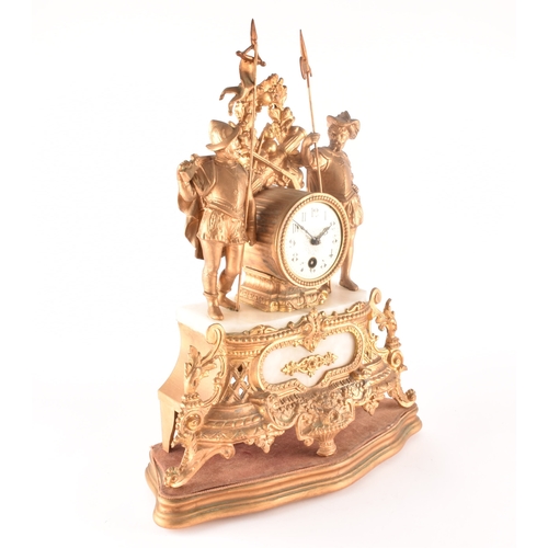 276 - A late 19th century French mantle clock, in a spelter case with ornate decoration, alabaster panels,... 