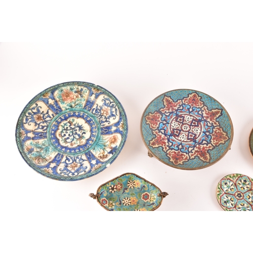 230 - A collection of decorative items, including a French Longwy cloisonné enamel tray and stand, a small... 