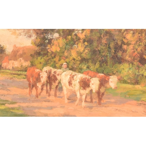 162 - Felix Planquette (French, 1873-1964)An oil painting depicting a peaceful scene of cows in a village,... 