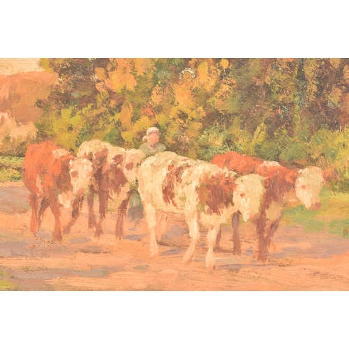 162 - Felix Planquette (French, 1873-1964)An oil painting depicting a peaceful scene of cows in a village,... 