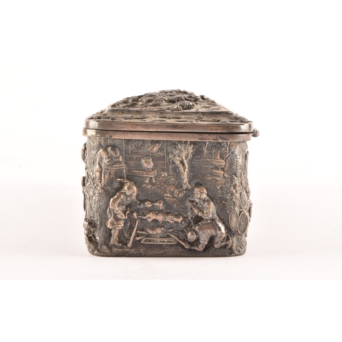 118 - A continental white metal glove box, decorated in relief to the top with scenes of figures on horseb... 