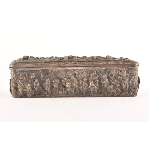 118 - A continental white metal glove box, decorated in relief to the top with scenes of figures on horseb... 