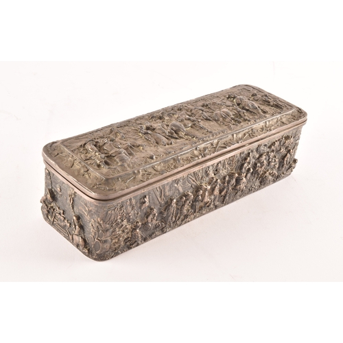 118 - A continental white metal glove box, decorated in relief to the top with scenes of figures on horseb... 