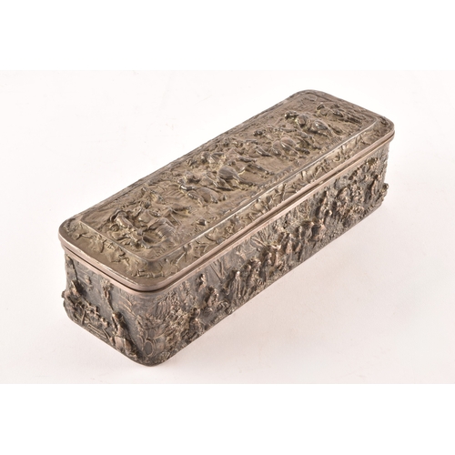 118 - A continental white metal glove box, decorated in relief to the top with scenes of figures on horseb... 