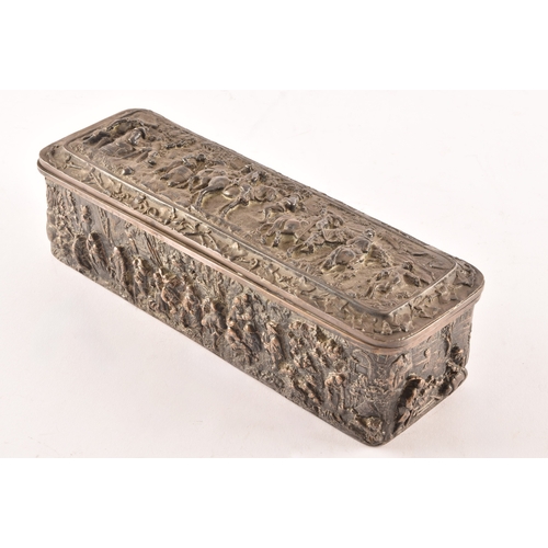 118 - A continental white metal glove box, decorated in relief to the top with scenes of figures on horseb... 