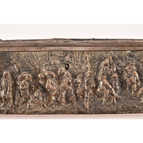 118 - A continental white metal glove box, decorated in relief to the top with scenes of figures on horseb... 