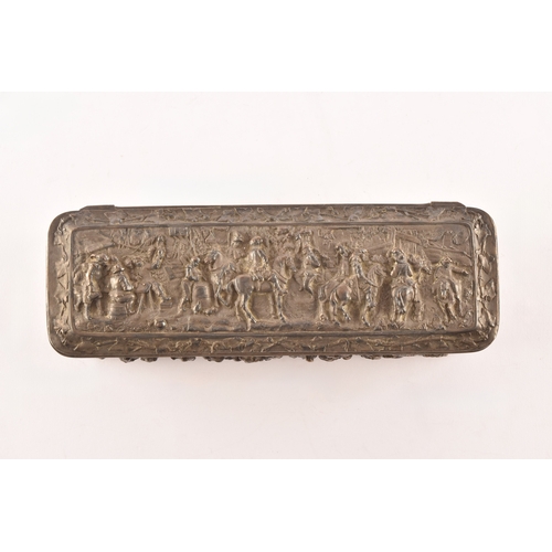 118 - A continental white metal glove box, decorated in relief to the top with scenes of figures on horseb... 