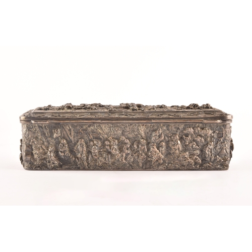 118 - A continental white metal glove box, decorated in relief to the top with scenes of figures on horseb... 