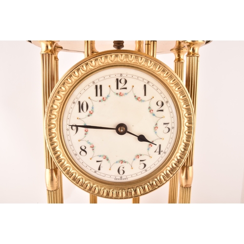 278 - A large German torsion clock timepiece, the cream dial painted with floral motif within a pagoda bra... 