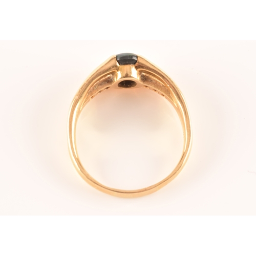 79 - A 18ct yellow gold ring, set to centre with a lightning ridge black opal doublet measuring L 8 x W 5... 