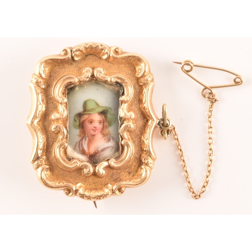 26 - A 19th century brooch, featuring a miniature enamel portrait of a lady surrounded by an ornate yello... 