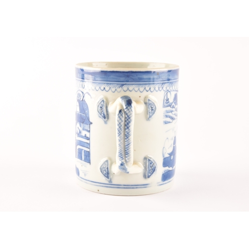 216 - A 19th century Chinese blue and white porcelain tankard, decoration depicting a rural coastal villag... 