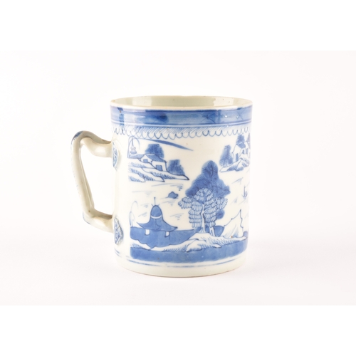 216 - A 19th century Chinese blue and white porcelain tankard, decoration depicting a rural coastal villag... 