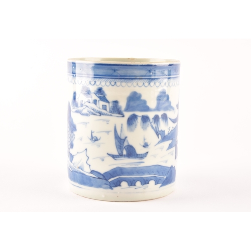 216 - A 19th century Chinese blue and white porcelain tankard, decoration depicting a rural coastal villag... 