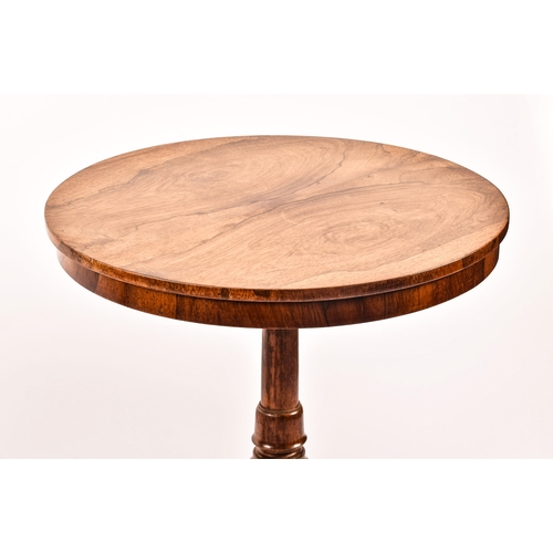 299 - A pair of 19th century rosewood pedestal tables, with figured tops, supported on turned legs, with t... 