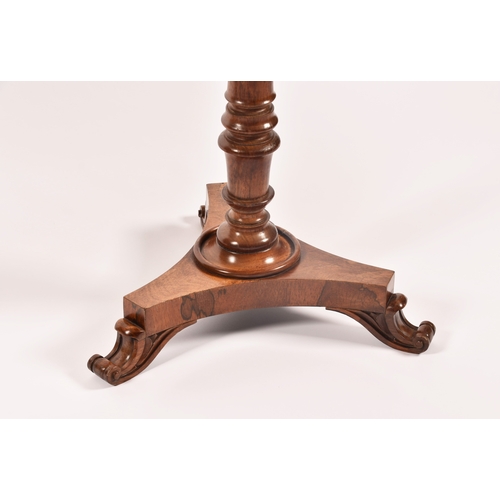 299 - A pair of 19th century rosewood pedestal tables, with figured tops, supported on turned legs, with t... 