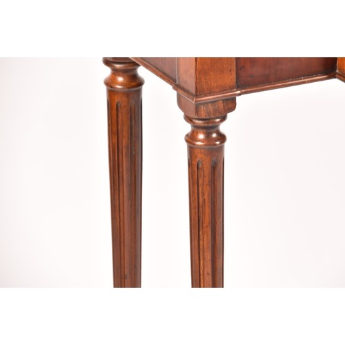 301 - A Regency style flame mahogany side table with crossbanded top, single draw and supported on reeded ... 