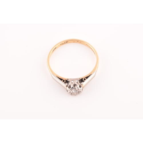 33 - A mid 20th century 18ct yellow gold and platinum solitaire ring, set to centre with a round brillian... 