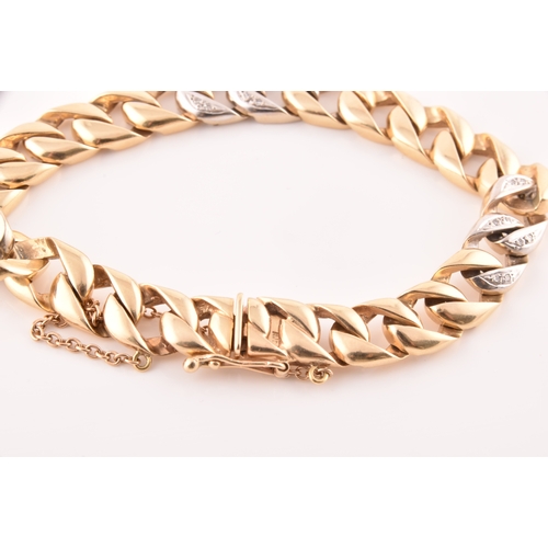 36 - A 14ct yellow and white gold bracelet, flat curb link, featuring twenty-four round eight cut diamond... 