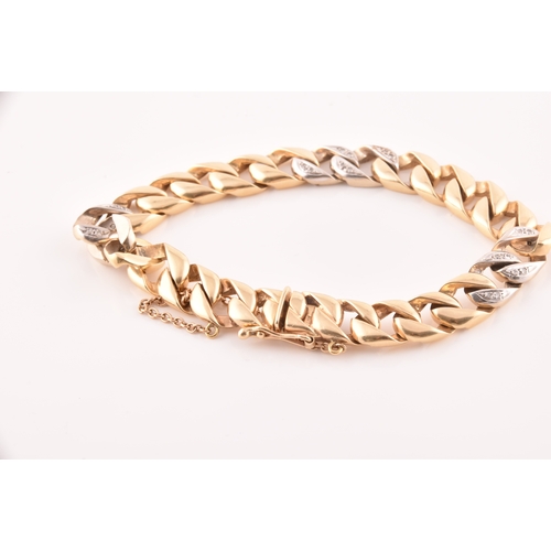 36 - A 14ct yellow and white gold bracelet, flat curb link, featuring twenty-four round eight cut diamond... 