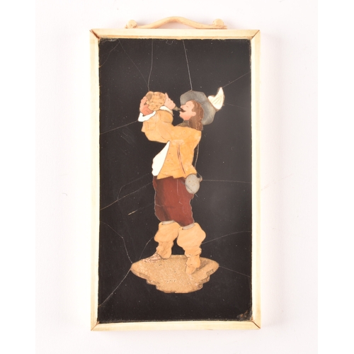 86 - Grand Tour. A 19th century Italian Pietra Dura marble plaque, depicting a musketeer drinking from a ... 