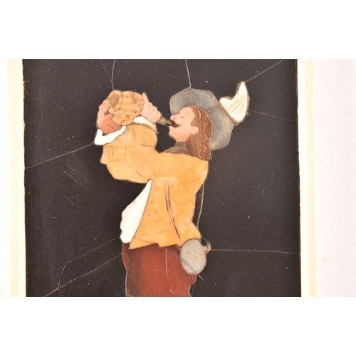 86 - Grand Tour. A 19th century Italian Pietra Dura marble plaque, depicting a musketeer drinking from a ... 