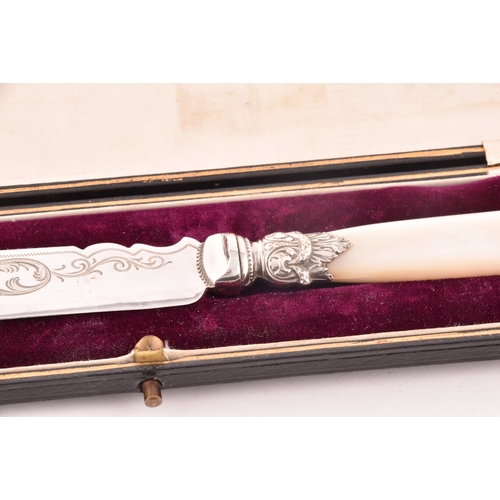 131 - An Elizabeth II silver plated cake knife, with mother of pearl handle cake knife, together with a El... 