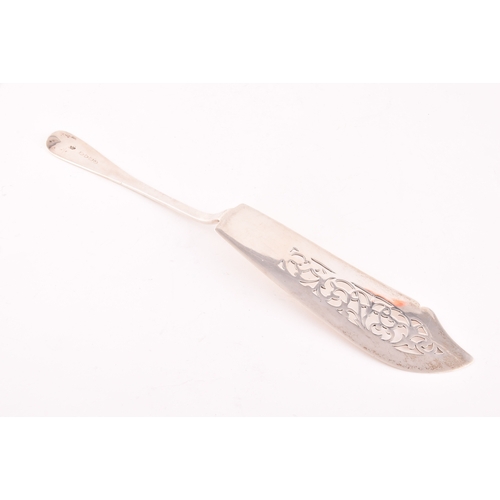 132 - A Victorian silver fish slice, hallmarked London 1865 by HSI, length 32 cm, 4.1 ozt / 130 grams.