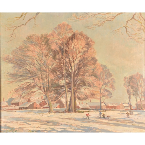 164 - An oil painting depicting children playing in the snow on the village fields, signed 'Elliott' and d... 