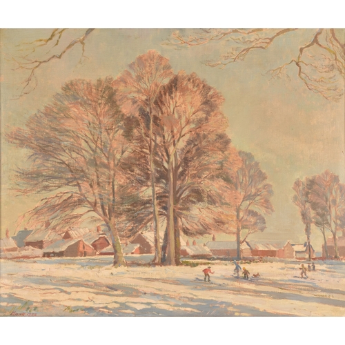 164 - An oil painting depicting children playing in the snow on the village fields, signed 'Elliott' and d... 