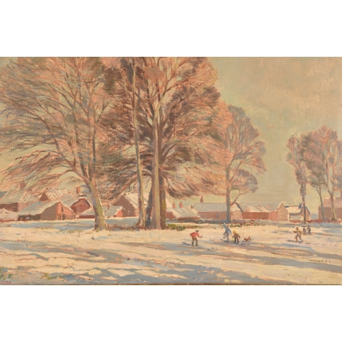 164 - An oil painting depicting children playing in the snow on the village fields, signed 'Elliott' and d... 