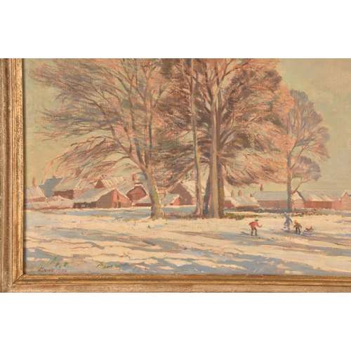 164 - An oil painting depicting children playing in the snow on the village fields, signed 'Elliott' and d... 